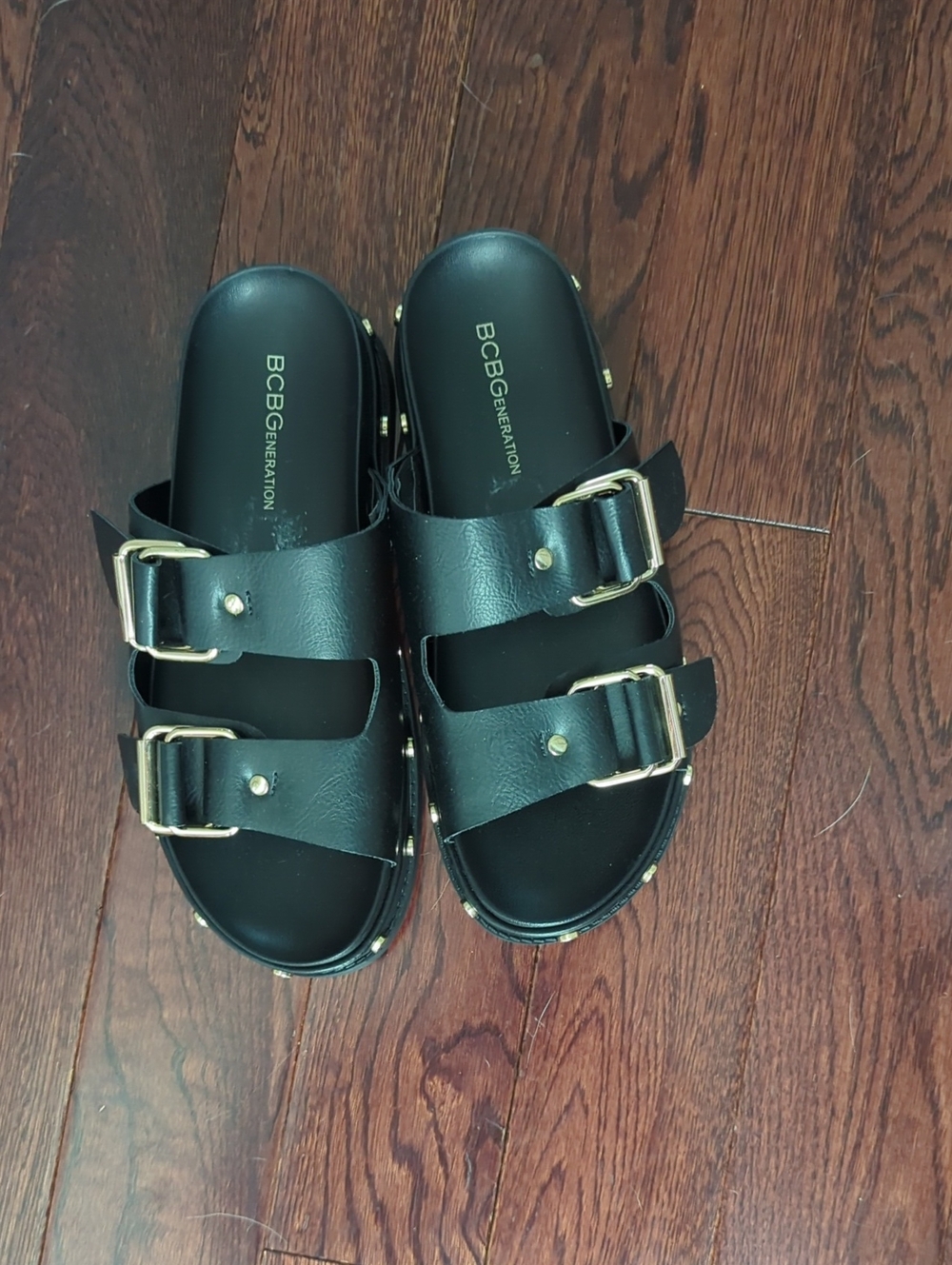 BCBGeneration Black Dual Buckle Studded Slide Sandals